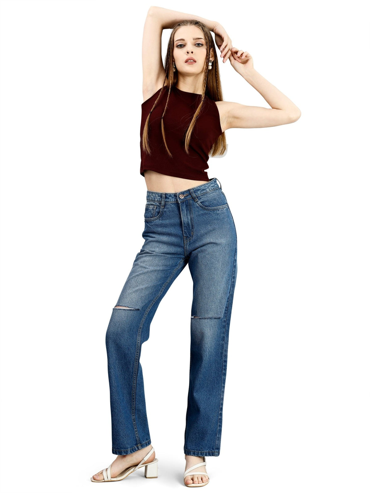 Basic Blue Knee Cut Straight Fit Jeans