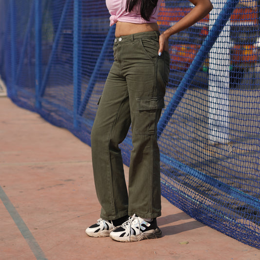 Straight Fit Olive Green Cargo Jeans