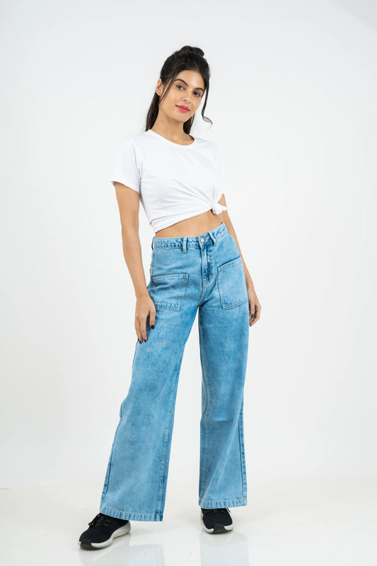 Stylish Patch Pocket Wide Leg Jeans