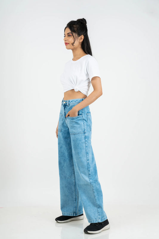 Stylish Patch Pocket Wide Leg Jeans