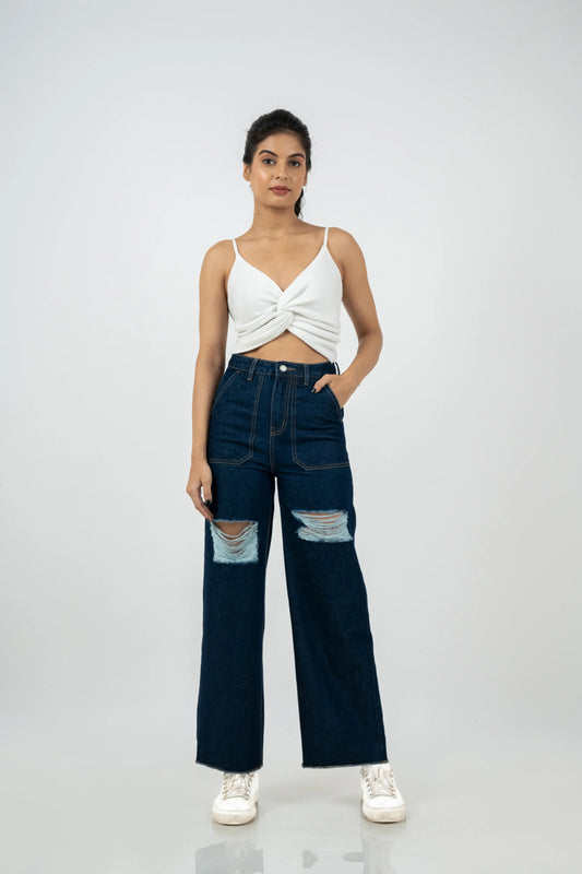 Solid Indigo Cargo Wide Leg Jeans